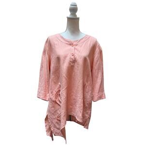 Dorman 100% Linen Tunic Top Size S Pink Asymmetrical Floral Applique Boho